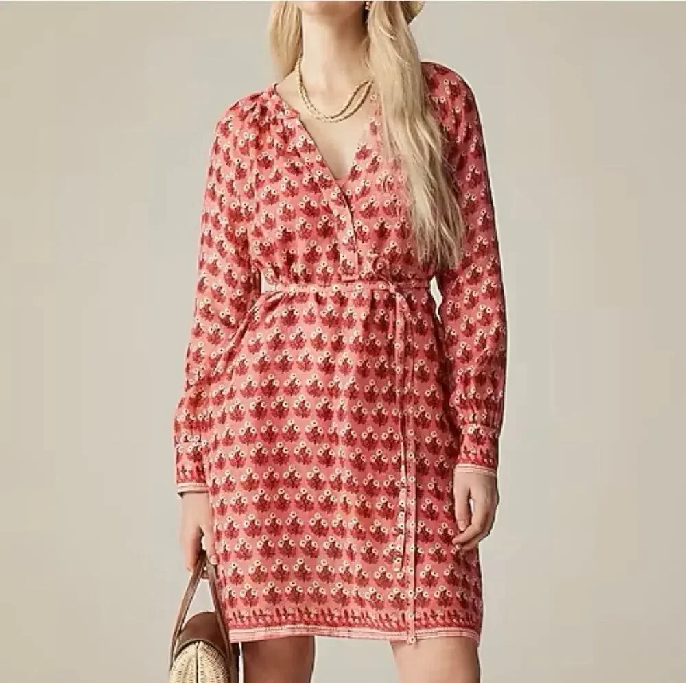 J.Crew Cabana Mini Dress Block-Print Ramie Pink Boho Womens M NWT